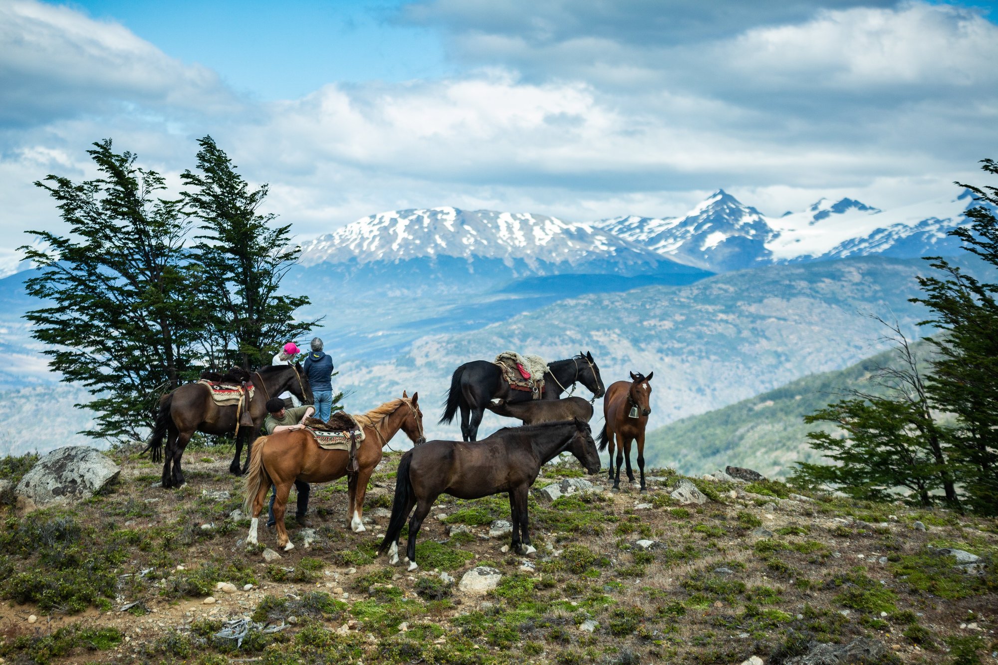 Horses and riders on a ridge overlooking mountains near Patagonia Baker Lodge