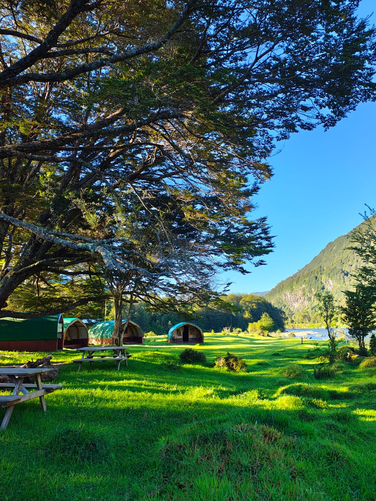 River of Dreams Basecamp on the Río Blanco — glamping domes above the river, Coyhaique, Patagonia
