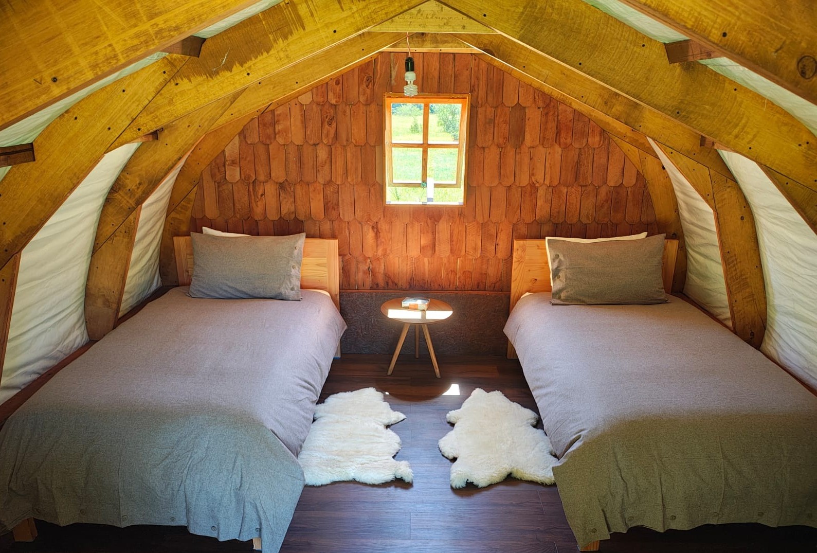 Dome interior at River of Dreams — twin beds at the Río Blanco basecamp